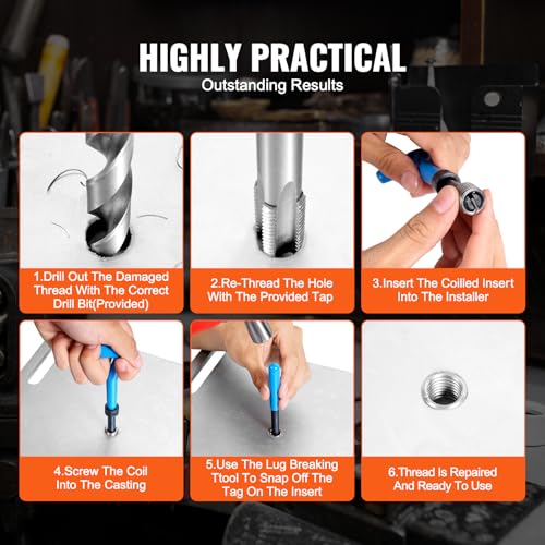 VEVOR Helicoil Thread Repair Kit-338-Piece SAE HSS Drill Inserts Taps & Tools M5,M6,M8,M10,M12,1/4",5/16",3/8",7/16",1/2" Rethreading Tool Kit Insertion Rethreading Tools Universal Rethread Restorer - size: 338PCS, style: SAE&METRIC
