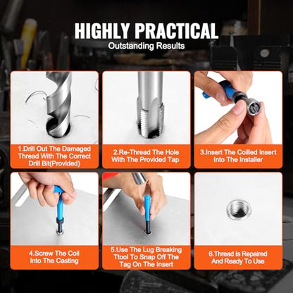 VEVOR Helicoil Thread Repair Kit-338-Piece SAE HSS Drill Inserts Taps & Tools M5,M6,M8,M10,M12,1/4",5/16",3/8",7/16",1/2" Rethreading Tool Kit Insertion Rethreading Tools Universal Rethread Restorer - size: 338PCS, style: SAE&METRIC