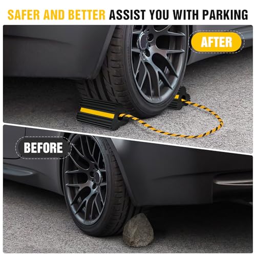 Nilight Wheel Chocks RV Car Heavy Duty Rubber Tire Chock Blocks Stopper Yellow Reflective Strips Stabilizer 2 Pack with Rope for RVs Cars Travel Trailers Campers Trucks Motorcycle Accessories Parking - size: 2 Pack Wheel Chocks