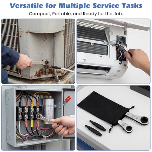 HVAC Service Wrench Tool Set, 2 Air Conditioner Valve Ratchet Wrench | 3/16" to 3/8" & 5/16" x 1/4", Hvac Valve Wrench with Quick-Reverse Lever, 2 Adapters, Fits AC and Refrigeration Equipment