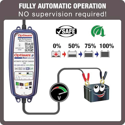 Tecmate Optimate 2 Duo, TM-551, Bronze Series: 5-Step 12V / 12.8V 2A Sealed Battery Charger & maintainer, Blue - size: OptiMATE 2 DUO, 12V / 12.8V 2A