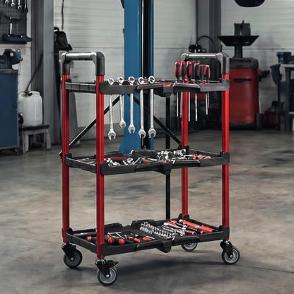 WORKPRO 3-Tier Collapsible Utility Cart, 210 LBS Cart with Wheels | No Assembly Required, Foldable Service Cart with Spacious Shelves for Garage, Warehouse, Office & Home Use, Black/Red - color: Black/Glossy Red