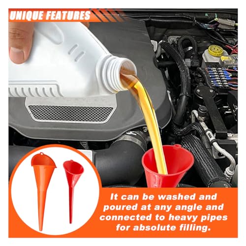 JOYCOURT 2PCS Long Neck Oil Funnels, Multi-Purpose Spill Saver Funnel | Plastic Funnel for Filling Automotive Oil Lubricants Engine Oils Water Diesel Fuel Kerosene & Other Liquids, Small Red+Orange