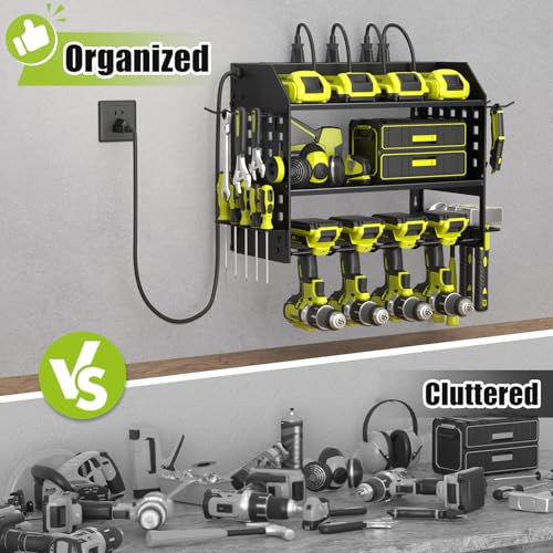 SUNALLY Power Tool Organizer Wall Mount with Charging Station,3 Layer Heavy Duty Metal Tool Storage Rack with 4 Drill Holders, Power Tool Shelf for Garage, Warehouse, Workshop, Gifts for Men, Husband - style: 4 Drill Holders E
