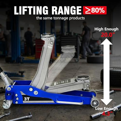 3 Ton Aluminum Steel Floor Jack 3.74"–18.7" Low Profile Dual Pump Hydraulic Jack, 6600lbs Heavy Duty Racing Car Jack with Side Handle & 360° Swivel Wheels, CE Certified, Blue & Silver