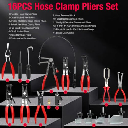 BETOOLL Hose Clamp Pliers 16PCS, Hose Clamp Removal Tool Kit with Long Reach & Flexible Wire Tools for Radiator, Heater, Coolant & Water Hoses - color: Red