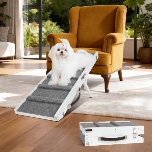 Dog Ramp for Small Dogs Foldable Pet Ramp for Couch Sofa (White) | 4 Adjustable Heights 7.48'' - 15.35", No Assembly, Non-Slip Carpet, Portable Handle, Natural Wood Frame, Senior Dog Friendly - color: White, size: Up to 30 lbs