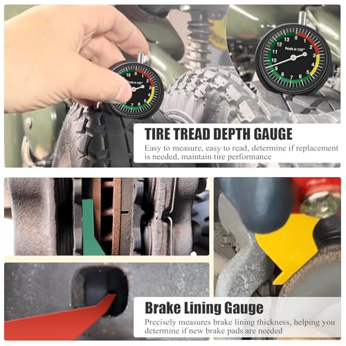 Tire Tread Depth Gauge&Brake Lining Gauge Set- Dial Tire Depth Tool (1/32" Readings) + 8-Piece Color-Coded Brake Pad Thickness Gauge Set for Cars (SAE & Metric, Steel, Disc & Drum Brake Compatible)