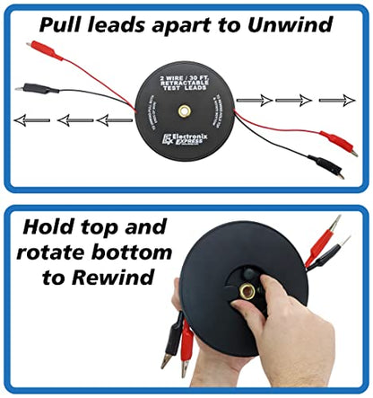 2 Wire 30 Foot Retractable Test Leads, Red and Black 18 Gauge Wire with Alligator Clips on Each End, Ideal for Electrical Troubleshooting Cars, Trailers, Boats - EX ELECTRONIX EXPRESS