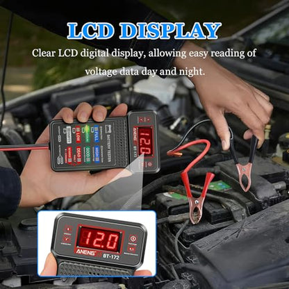 Wuyaoyao 12V Car Battery Tester with LCD Display & LED Indication, Automotive Battery and Alternator Tester Tool, Batteries Voltmeter and Alternator Charging System Analyzer, Car Accessories