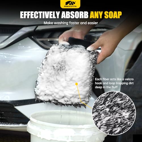 MIKKUPPA Microfiber Car Wash Mitt - Double-Sided Ultra Absorbent Scratch Free Premium Blend Glove for Car Washing Home Cleaning (Black, 2Pack, 11'' x 8'') - color: Black