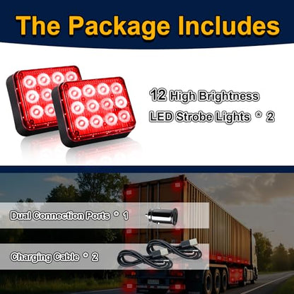 2PCS Magnetic Red Strobe Lights Rechargeable Flashing Lights | Beacon Caution Warning LED Road Flare Emergency Lights Wireless Battery Powered Strobe Lights for Trucks Vehicle Trailer Car - color: Red