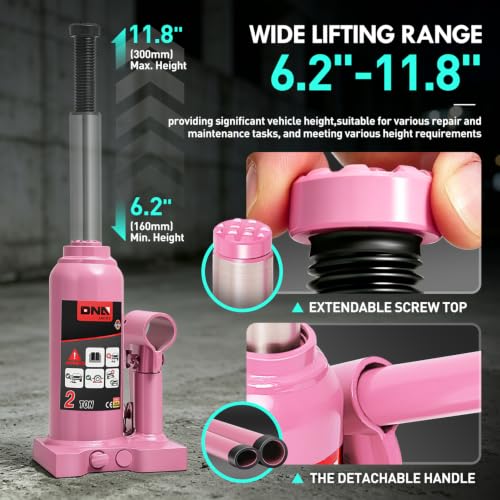 DNA Motoring 2 tons / 4000 lbs Lifting Automotive Welded Hydraulic Bottle Jackfor Sedans Repair, with Manual Handle & Carrying Storage Case, Pink - color: Pink, style: 2 ton