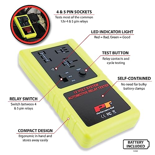 Performance Tool 3009 Compact Cordless Automotive Relay Tester for 12 Volt 4 and 5 pin relays and More - style: Cordless Relay Tester