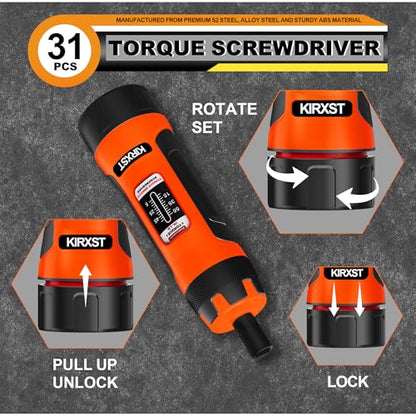31 PCS 1/4" Drive Torque Screwdriver, 5-55 Inch Pounds Torque Screwdriver Set with S2 Bits and Socket Adapter for Maintenance, Screwdriver Set for Tools, Bike Repairing and Mounting - size: 5-55inch.S