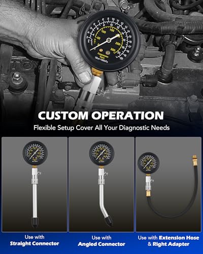 OMT 9pc Gas Cylinder Compression Tester Set with Adjustable Pressure Gauge | Premium Brass Core; Spark Plug Diagnostic Tool; Vehicle Engine Repair; For Garage Mechanics; 4 Universal Steel Adapters