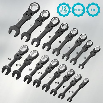 DURATECH Stubby Flex-head Ratcheting Combination Wrench Set, 16-piece, Metric & SAE, 9 to 17mm & 5/16" to 3/4", CR-V Steel, Black Electrophoretic Coating, with Rolling Pouch