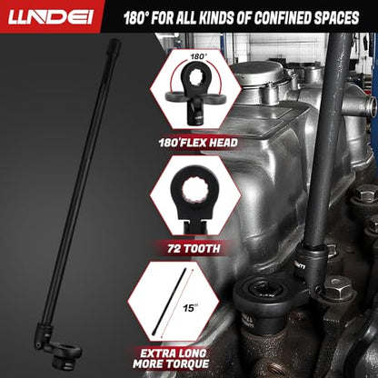 LLNDEI 3/8" Drive Stubby Impact Socket Set Metric 6-19mm, 19-Piece Cr-Mo Nano Socket Set with 2 Extension Bars (6" & 15"), Universal Joint & Ratchet Wrench for Tight Space Access