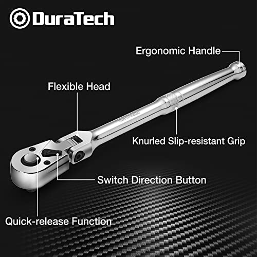 DURATECH 3-Piece Flex-Head Ratchet Set, 1/4", 3/8", 1/2" Drive | 72-Tooth, Quick-Release Reversible Design, Chrome Alloy Made, Fully Polished, Organized in Storage Case - size: 1/4", 3/8", 1/2" Drive