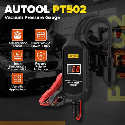 AUTOOL PT502 Digital Vacuum Pressure Gauge, Automotive Vacuum Leak Tester with Temperature Compensation, 101kPa High Accuracy Engine Intake Exhaust EGR Diagnostic Tool, 12V Car Powered