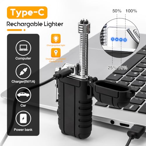 LcFun Electric Dual Arc Lighter USB Rechargeable, Windproof Plasma Lighters with LED Battery Indicator, Waterproof Flashlight Lighter with Whistle Lanyard for Camping, Survival Gear - color: Black Pro