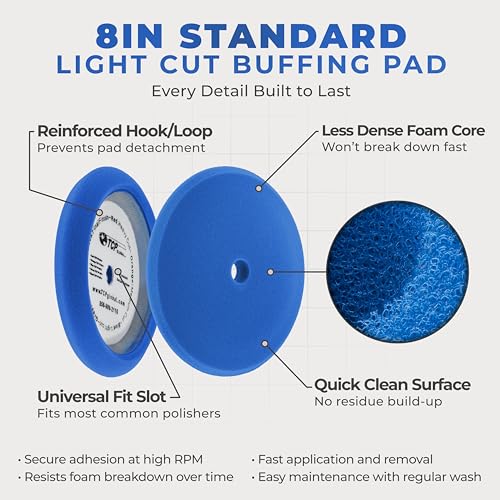 TCP Global 8" Blue Foam Buffing Pad Light Cut Polish Hook and Loop Backing - Buffing Pad for Automotive, Marine, Truck, RV & Compound Cutting - color: Blue