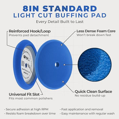 TCP Global 8" Blue Foam Buffing Pad Light Cut Polish Hook and Loop Backing - Buffing Pad for Automotive, Marine, Truck, RV & Compound Cutting - color: Blue