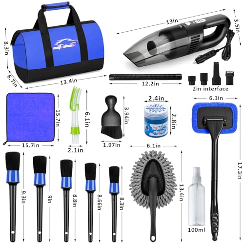 Car Cleaning Kit, Car Vacuum Interior Detailing Cleaner Kit with High Power Handheld Vacuum, Brush Set, Windshield Tool, Duster, Towels, Complete Car Care Tools for Women (Blue) - color: Blue