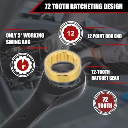 Mayouko 24PCS Stubby Flex Head&Regular Ratcheting Combination Wrench Set, Standard in SAE 1/4"-7/8" & Stubby in Metric 6-22mm, 12 Point, 72 Tooth, Cr-V Steel with Black Chrome Finish