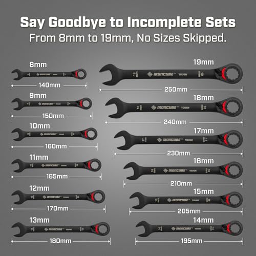 ironcube Reversible Ratcheting Wrench Set: 12-Piece Metric 8-19mm - Tough Black - Wax Canvas Storage Bag - Automotive and Motorcycle Repair Tools - size: 12-Piece Metric Reversible