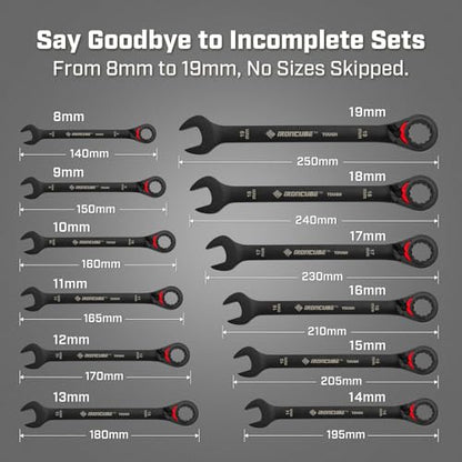 ironcube Reversible Ratcheting Wrench Set: 12-Piece Metric 8-19mm - Tough Black - Wax Canvas Storage Bag - Automotive and Motorcycle Repair Tools - size: 12-Piece Metric Reversible