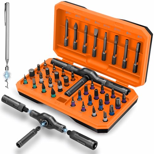 KELIN Magnetic Ratchet Screwdriver Set, 43 in 1 T Handle Ratchet Screwdriver Kits with S2 Steel Bits, Ratcheting Screwdriver for Home Daily Repair, DIY Projects, Ideal Gift for Men Husband (Orange) - color: Orange, size: 43 PCS