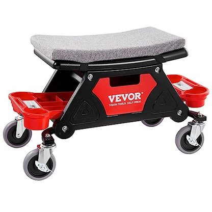 VEVOR Mechanic Stool 300 LBS Capacity Garage Stool Gift for Men, Heavy Duty Rolling Mechanics Seat, with Three Slide Out Tool Trays and Drawer, Tools for Automotive Auto Repair | Auto Repair Heavy Duty Plastic Rolling Mechanics Seat with Cushion, Three Sl