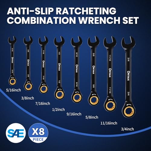 8PCS SAE Ratcheting Wrench Set, 72-Tooth Combination Wrench Set, 5/16"-3/4" | 5-Degree Swing Arc for Tight Spaces, CR-V Steel, Rust-Resistant Black Finish with Storage Organizer - size: SAE