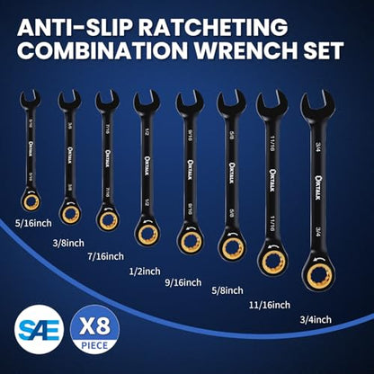 8PCS SAE Ratcheting Wrench Set, 72-Tooth Combination Wrench Set, 5/16"-3/4" | 5-Degree Swing Arc for Tight Spaces, CR-V Steel, Rust-Resistant Black Finish with Storage Organizer - size: SAE
