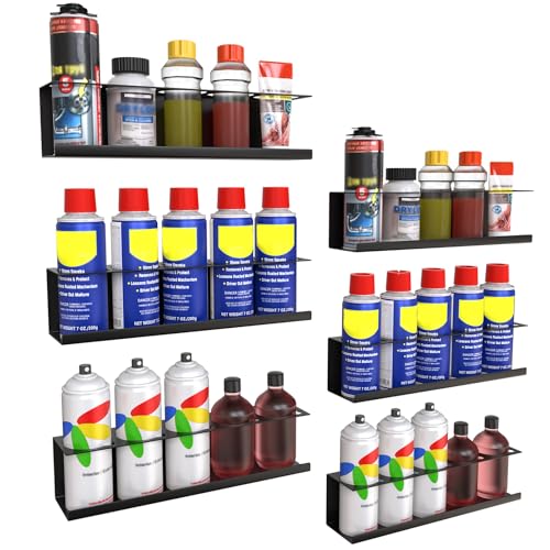 Riciakik 6 Pack Spray Bottle Holder Wall-Mounted, Aerosol Spray Can Holder Storage Rack, Heavy-Duty Paint Bottle Organizer with 30 Holes, Steel Black Spray Rack for Garage, Shop, Home or Tool Trailer - style: 6 Pack