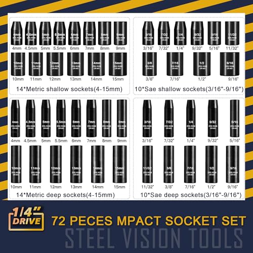 Steel Vision Tools 72-Piece 1/4" Drive SAE & Metric Impact Socket Set, CR-MO Steel, 6-Point Design, Deep & Shallow Sockets, Universal Joint, Extension Bars & Adapters, Black Phosphate Finish - size: 1/4" 72pc