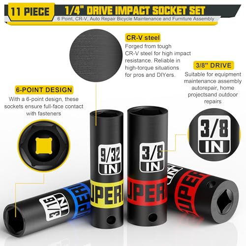 11 Piece 1/4" Drive Impact Socket Set, 5/32" - 9/16" Deep Socket, SAE, 6 Point, CR-V, Auto Repair Bicycle Maintenance and Furniture Assembly - size: 1/4" Deep SAE