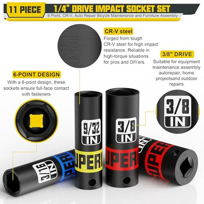 11 Piece 1/4" Drive Impact Socket Set, 5/32" - 9/16" Deep Socket, SAE, 6 Point, CR-V, Auto Repair Bicycle Maintenance and Furniture Assembly - size: 1/4" Deep SAE