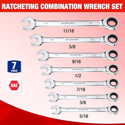 WORKPRO Ratcheting Wrench Set, SAE, 7-piece Ratcheting Combination Wrench Set, 5/16'', 3/8'', 7/16'', 1/2'', 9/16'', 5/8'', 18/16'', 12-Point, CR-V Steel, with Organizer Rack - size: 7-piece, style: SAE