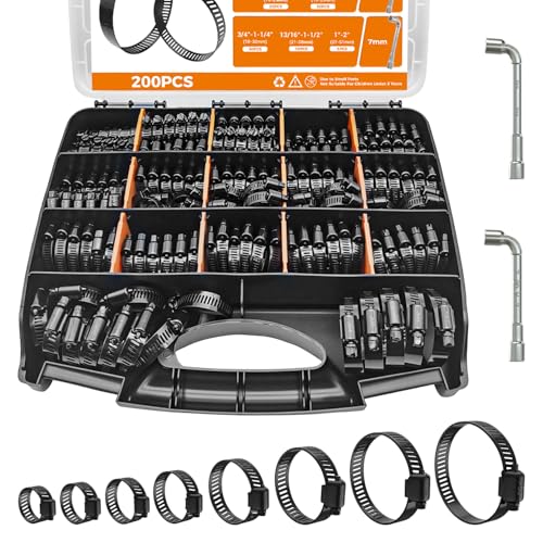 Hose Clamp Assortment 200PCS DREXON 304 Stainless Steel Hose Clamp Kit Heavy Duty Adjustable 1/4"~2"(6~51mm) Worm Gear Hose Clamp for Automotive, Fuel Line, Pipe - Black - color: Black, size: 1/4"~2"(200pcs)