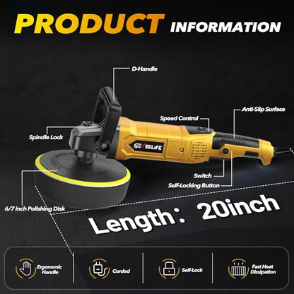 GEVEELIFE Buffer Polisher, 6 Inch/7 Inch 1600W Rotary Car Buffer Polisher Waxer, 7 Variable Speed 1000-3500 RPM, Detachable Handle for Car, Boat Sanding, Polishing, Waxing(Yellow) - color: Yellow