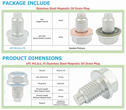 1PC M12x1.75 Stainless Steel Magnetic Oil Drain Plug, fit for Ford GMC Buick Cadillac Replace 11519933, 11562588, EJ7Z-6730-A, EJ7Z6730B, 090-936CD, 090-091, 65430, 090-175CD, 090-175, 653096US, 65372 - size: M12x1.75