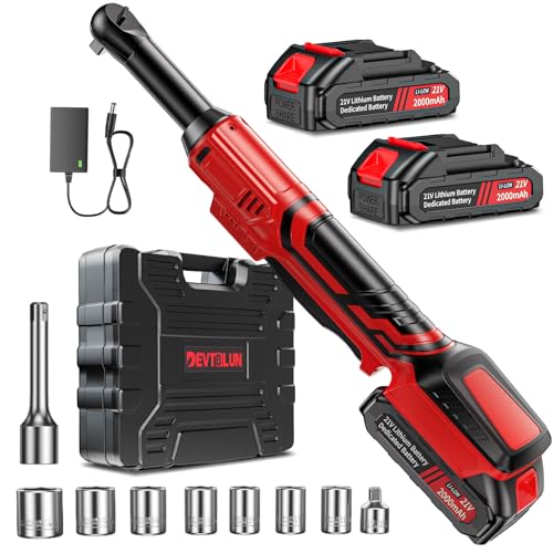 21V Electric Ratchet Wrench Set,60FT-LBS (80N.m) Extended Cordless Ratchet Wrench with 2x 2.0Ah Battery,3/8" 400 RPM Variable Speed Power Ratchet Driver Set with 7 Sockets,1/4 Adaptor, 3"Extension Bar - color: Red