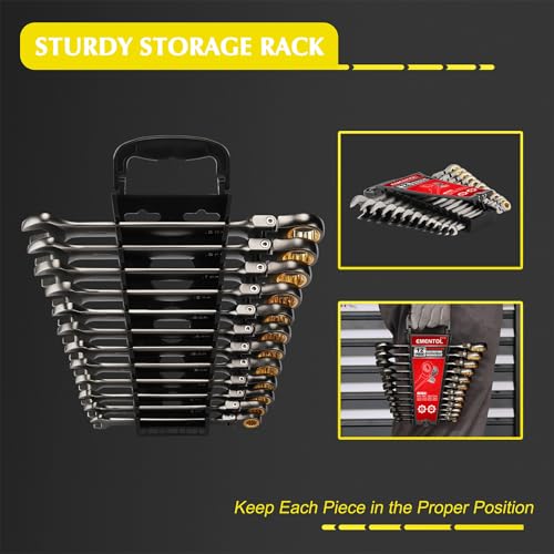 EMENTOL 12 Pieces Flex-Head Ratcheting Wrench Set with Organizer Rack, CR-V, 72-Teeth, Metric Ratchet Combination Wrenches Set, 8mm - 19mm - size: Metric 8-19mm