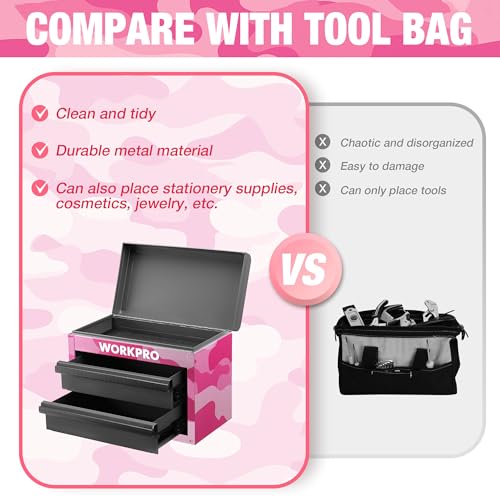 WORKPRO Metal Mini Tool Box with 2 Drawers and Top Storage | Cold Rolled Steel Toolbox, Ball Bearing Slides, PVC Drawer Liners, PP Feet Pads, Durable Storage - color: Pink Camo
