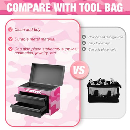 WORKPRO Metal Mini Tool Box with 2 Drawers and Top Storage | Cold Rolled Steel Toolbox, Ball Bearing Slides, PVC Drawer Liners, PP Feet Pads, Durable Storage - color: Pink Camo