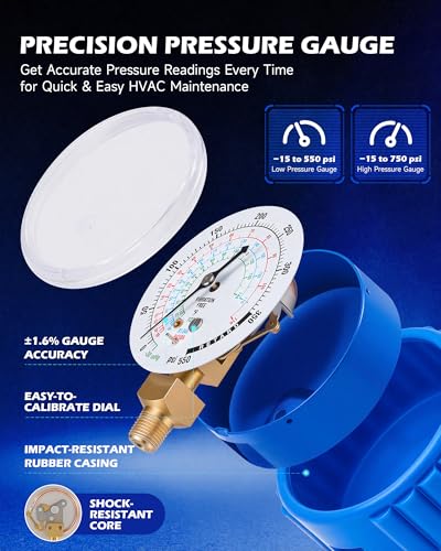 OMT 4 Way AC Diagnostic Manifold Gauge Kit for R134A R410A R22, 5ft Hoses | Includes R134a Couplers Self-Sealing Piercing Can Taps R410a & 29° Adapter ; Solid Brass Build; Ideal for Auto Freon Recharge - size: R134a R22 R410A