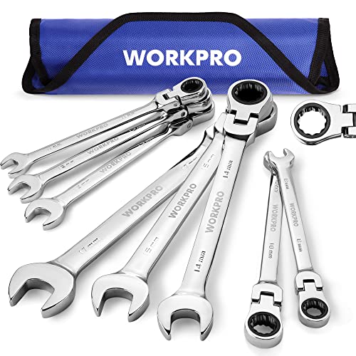 WORKPRO 8-piece Flex-Head Ratcheting Combination Wrench Set, Metric 8-17mm, 72-Teeth, Cr-V Constructed, Mirror Polished Chrome Plated with Roll Up Pouch - size: Metric, style: Mirror Polished
