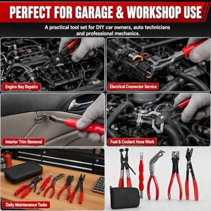 Automotive Electrical Disconnect Pliers Kit 5pc Fuel Line Tool Set Hose Clamp 60° Angled Connector Separator Trim Clip Removal Tools Plug Release & Wire Terminal Remover for Auto Repair
